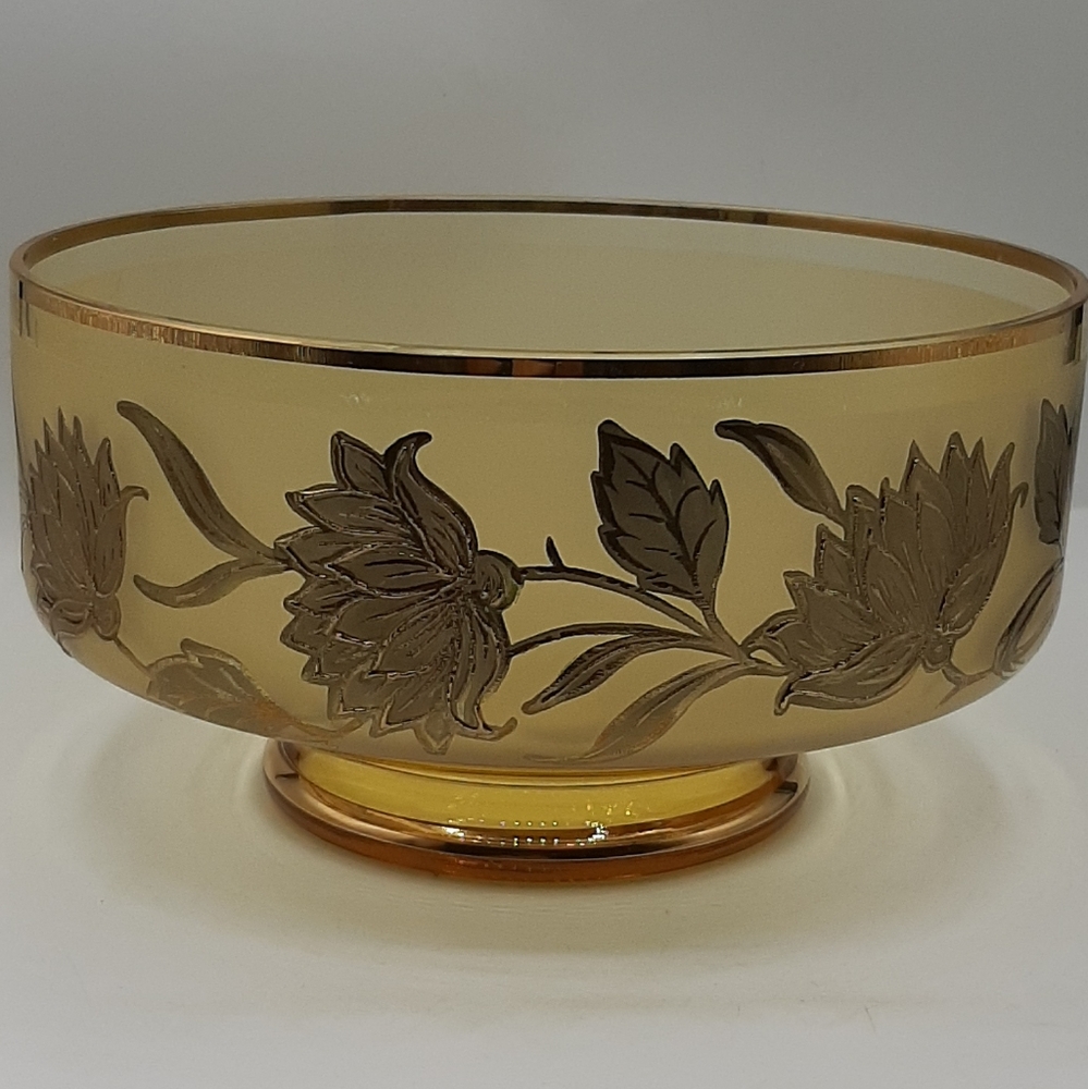 Vintage Amber Glass Heavy Gold Floral Accents Serving Dish Gold Gilt Band